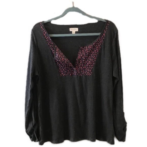 Maison Jules Tops - Gray Long Sleeve with Floral Detail